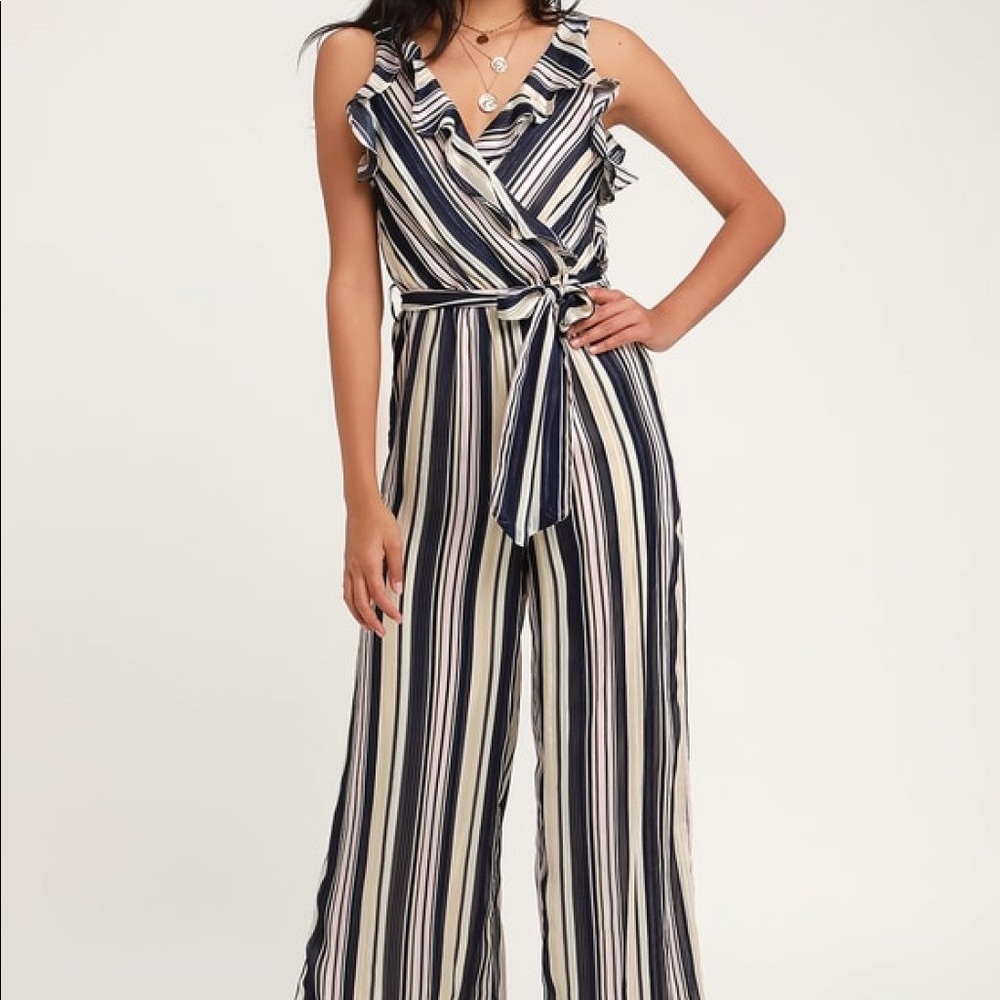 LULUS PINK & BLUE MULTI STRIPED WIDE-LEG JUMPSUIT